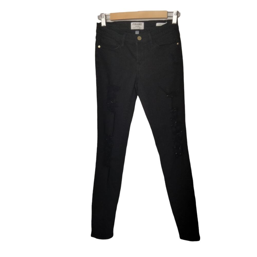 Frame Women's Sz 25 Black Jeans 'Le Skinny de Jeanne' Distressed Stretch Denim